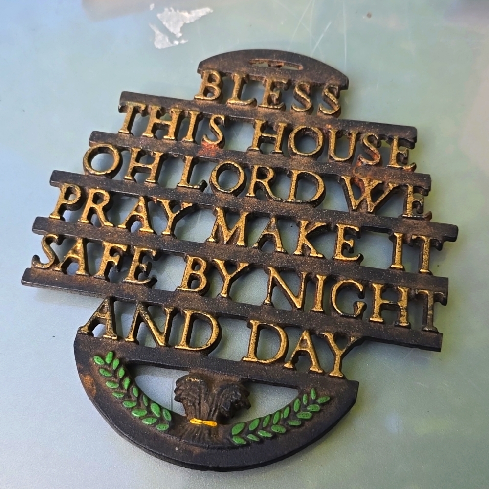 Vintage Wilton Cast Iron Metal Trivet Wall Hanging Bless This House Gold Letters